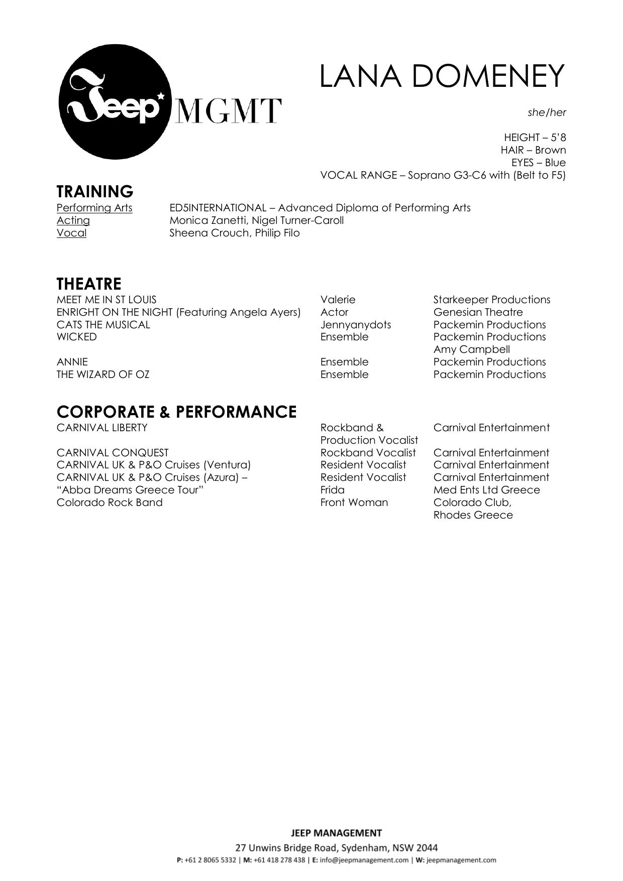 Lana Domeney performance CV, page 1