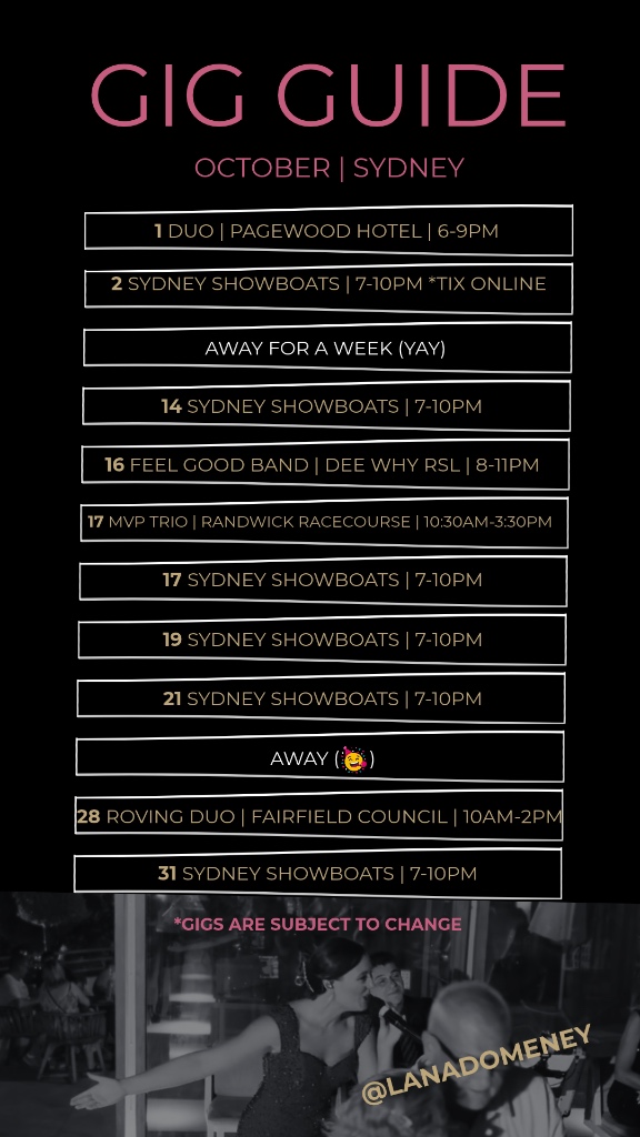 Lana Domeney - October Gig Guide Poster - Sydney Singer Live Performances
